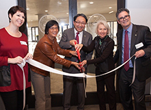 From left: Kate White, director of CSUEB’s Oakland Center and Continuing Education; Debbie Chaw, vice president for Administration and Finance and CFO; CSUEB President Leroy M. Morishita; Carolyn Nelson, interim provost and VP of Academic Affairs; and Brian Cook, associate vice president of University Extension, at the ribbon-cutting ceremony. 