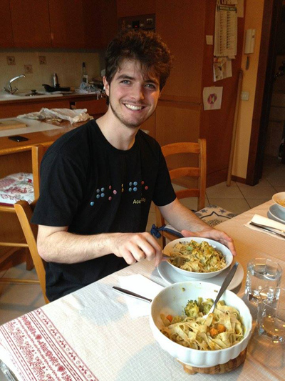 CSUEB student Brandon Keith Biggs enjoys a bowl of pasta after a cooking lesson from his Italian girlfriend’s mother while studying abroad in Milan, Italy. 