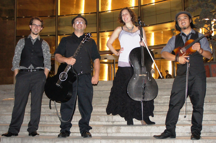 (L-R) Members of Dirty Cello include Matt Roads '11, Jason Eckl '01, Rebecca Roudman '99 and Corey Wolffs (By: Rebecca Roudman)