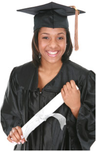 a college graduate holding her diploma from CSUEB.