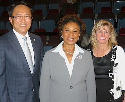 President Leroy M. Morishita, Rep. Barbara Lee, and Dr. Stephanie Couch at the Gateways East Bay STEM Network convening Oct. 10. (By: Barry Zepel)