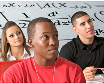 three students in a classroom