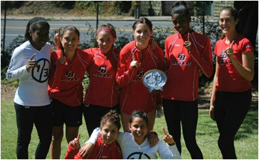 Team of CSUEB women's cross country. For the second straight year, Pioneer women's cross country team defeated CCAA opponents Sonoma State and Cal State Monterey Bay to claim the team title at the Mills Invitational on September 15. (By: Ralph Jones)