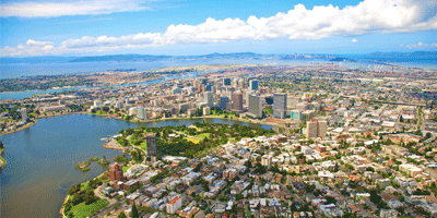 Aerial of Lake Merritt and downtown Oakland