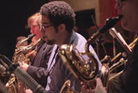 Students, from left, Alex Attard, Antonio Juarez, Aryien Shapiro, prepared for Yoshi's concert during sound check. (By: Martin Wood)