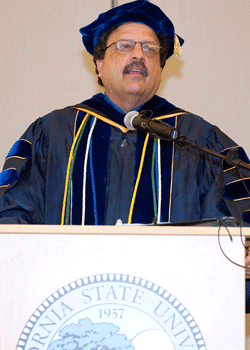 CSUEB provost James Houpis in academic robe and hood