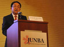 CSUEB President Leroy M. Morishita as he addressed members of JUNBA on Jan. 9 in Burlingame.