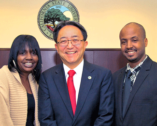 Cal State East Bay President Leroy M. Morishita was proud to welcome members of the Henrietta Lacks Family to the Hayward Campus on Monday, Feb. 17. He is shown here with Ms. Lacks' grandchildren Kim Lacks and David Lacks, Jr.