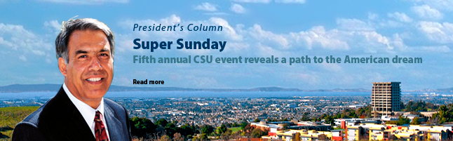 Image of president with panoramic view of campus behind him