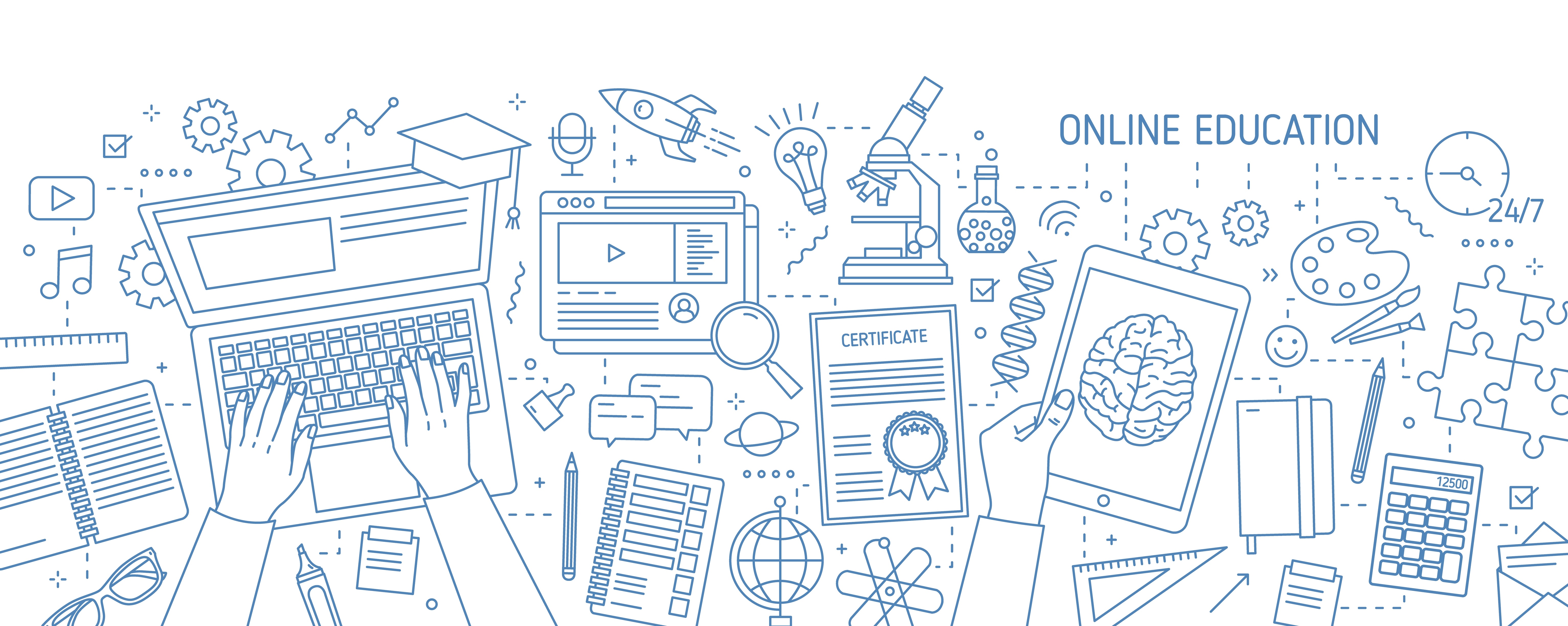 banner with hands typing on computer and various office supplies drawn with contour lines on white background. Online education, internet studying.