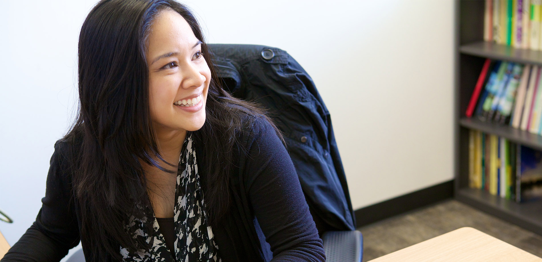 lady looking up smiling
