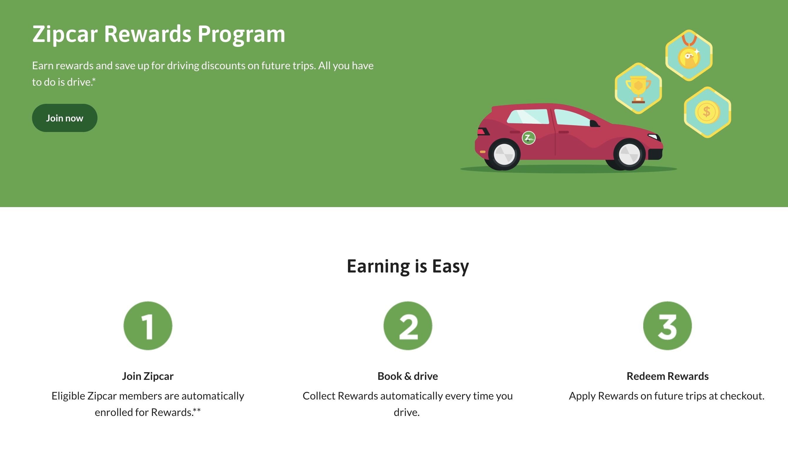 Zipcar Rewards Program graphic featuring a red car and icons representing earning and redeeming rewards. The image highlights the simplicity of earning rewards while driving.