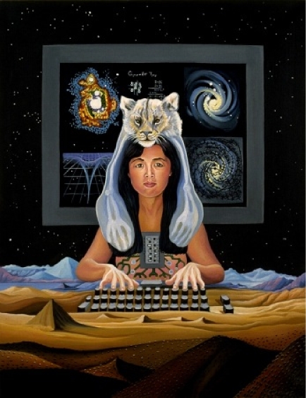 woman on keyboard wearing animal on head