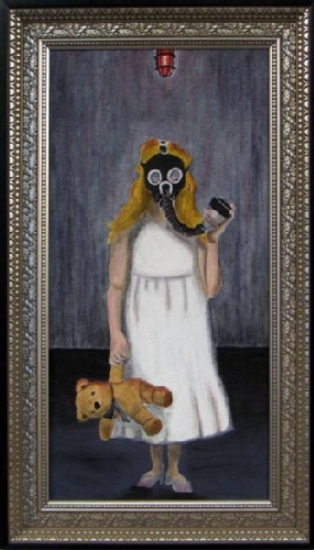 painting of little girl wearing a gas mask holding a teddy bear