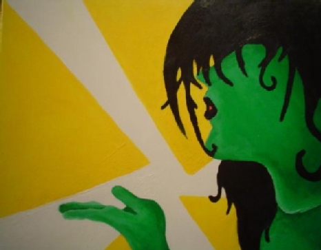 green face woman blowing art