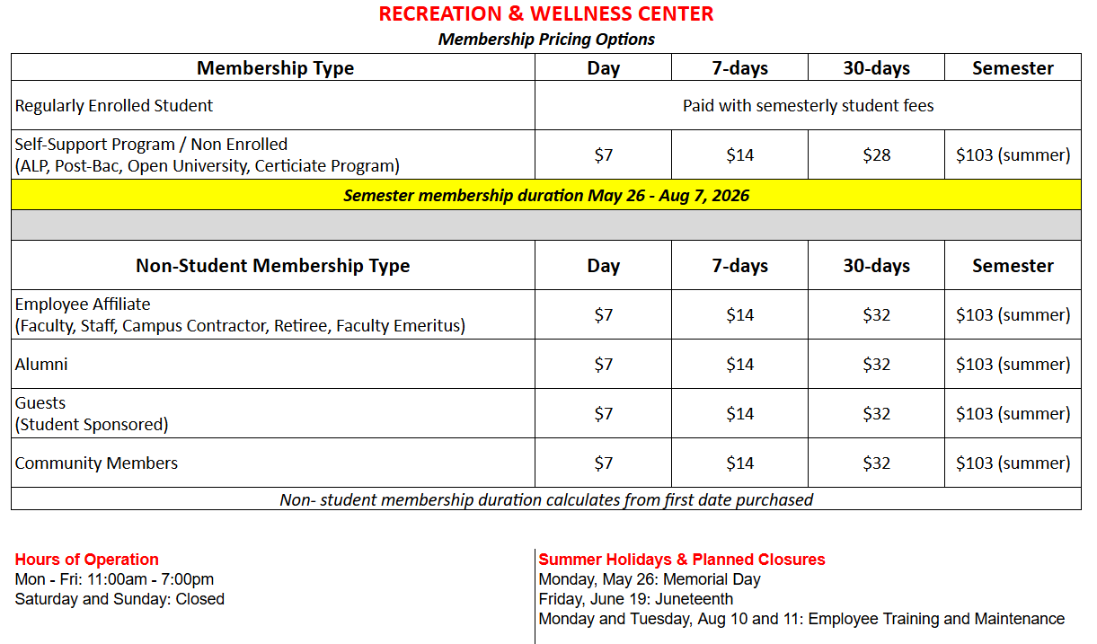 Summer 2026 Fee Schedule for Website