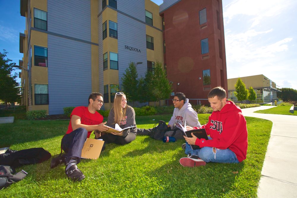 Students Sitting in Front of Dorm