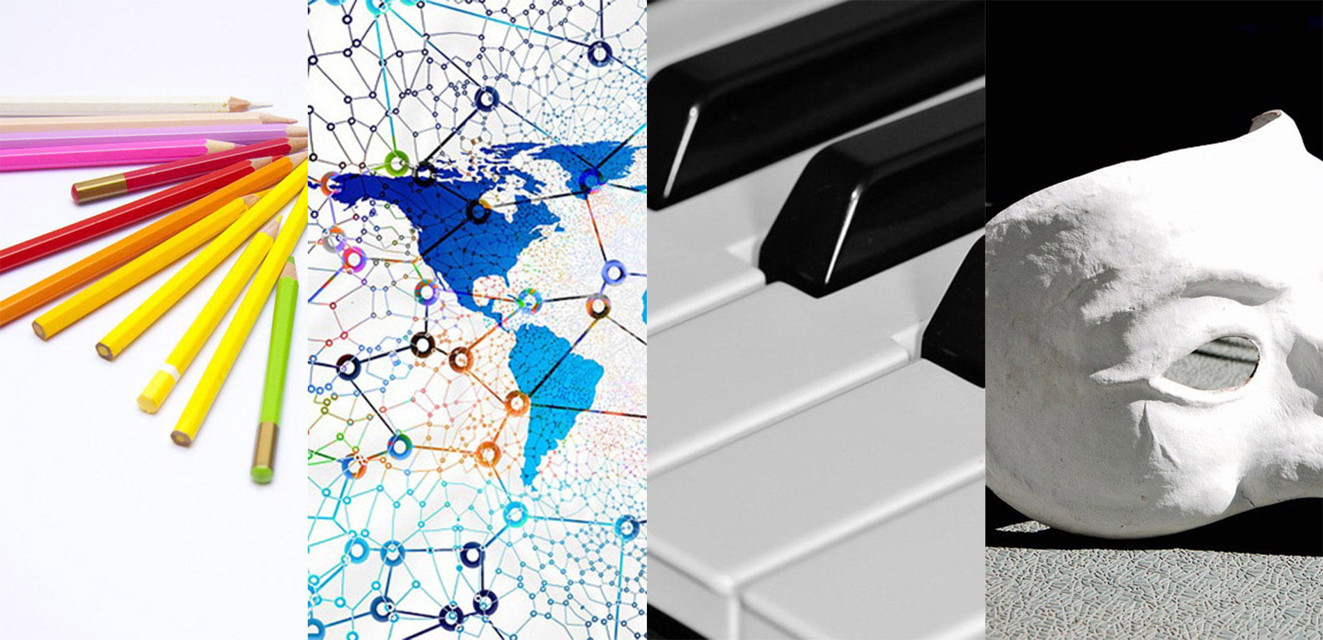 collage of color pencils, connecting lines, piano keys and mask