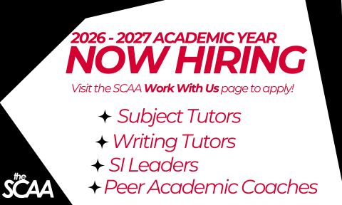 image of SCAA hiring info for Spring 2026 and 2026-2027 AY