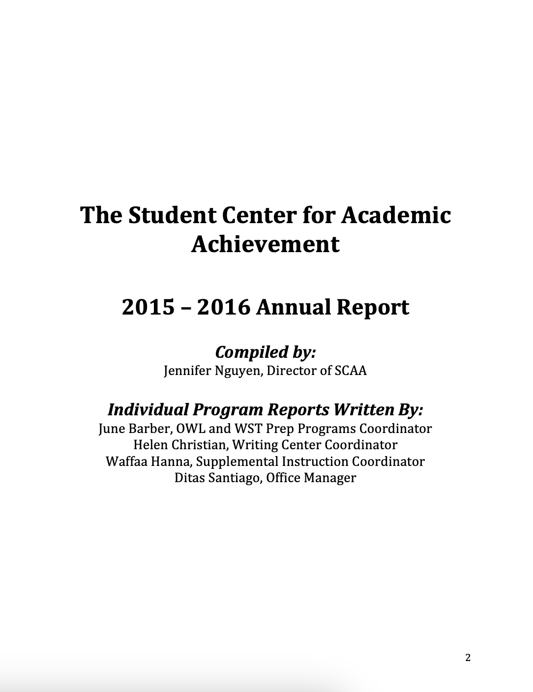This is a graphic representation of the first page of the SCAA annual report
