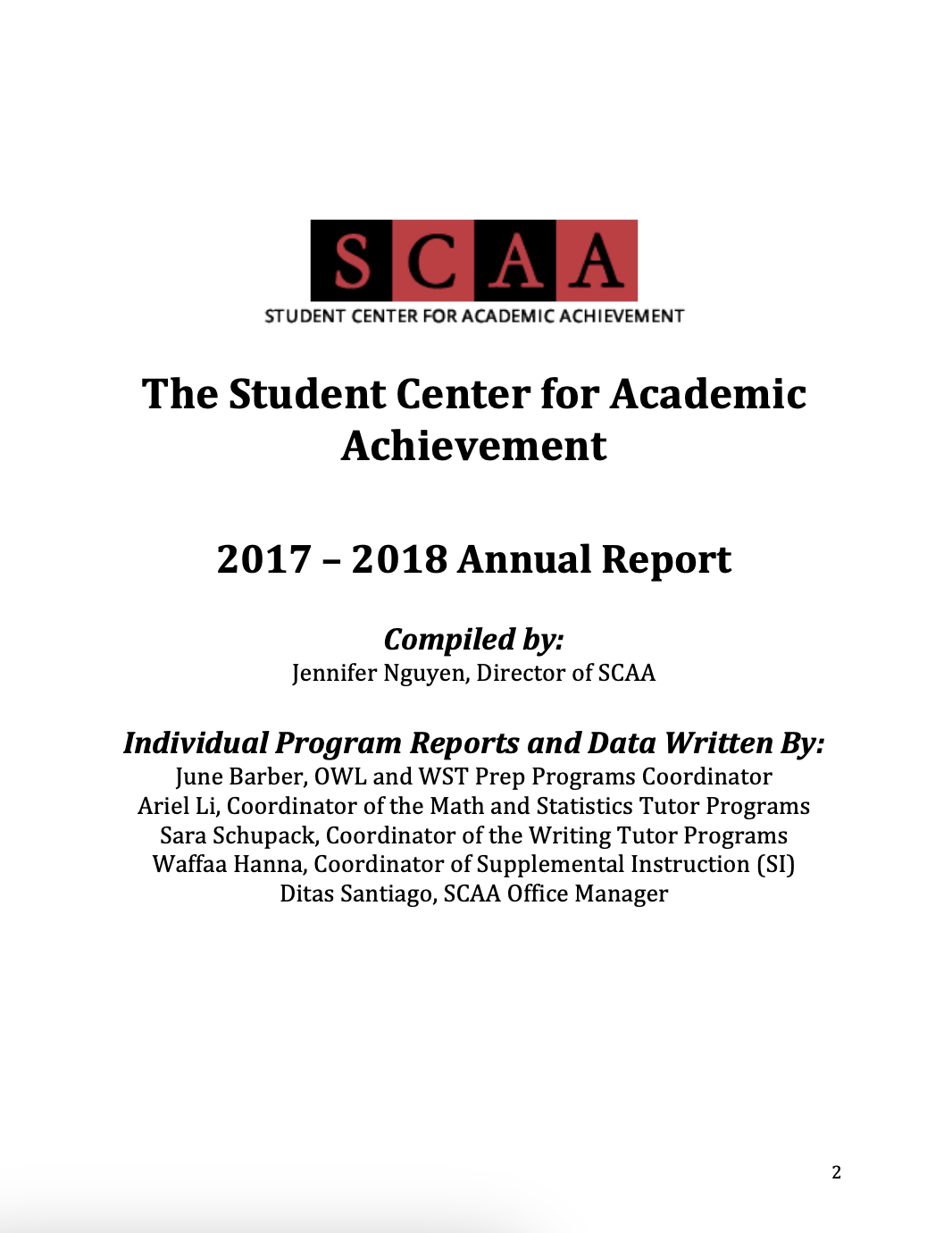 This is a graphic representation of the first page of the SCAA annual report