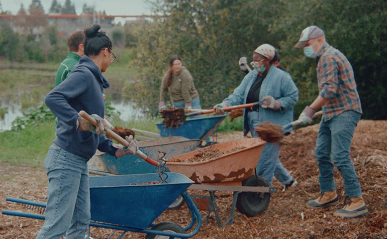 Students helping landscape as community service