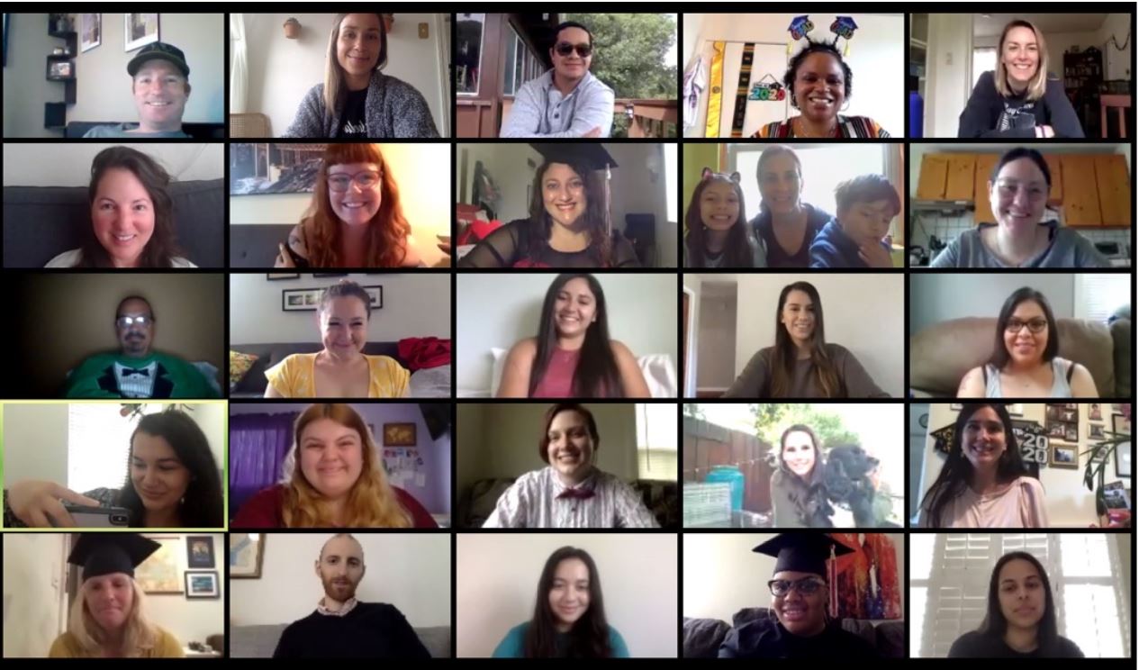 Screen capture from Spring 2020 Poster session showing rows of smiling students in zoom