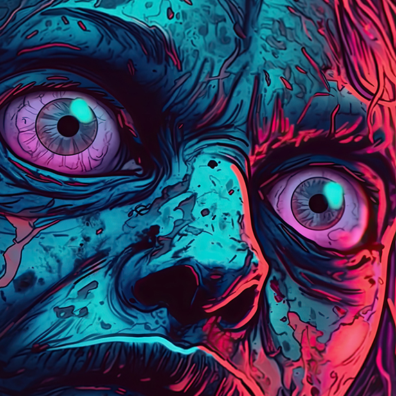 Close up zombie face retrowave illustration.