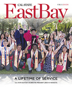 Fall 2020 magazine cover featuring President Morishita and graduates