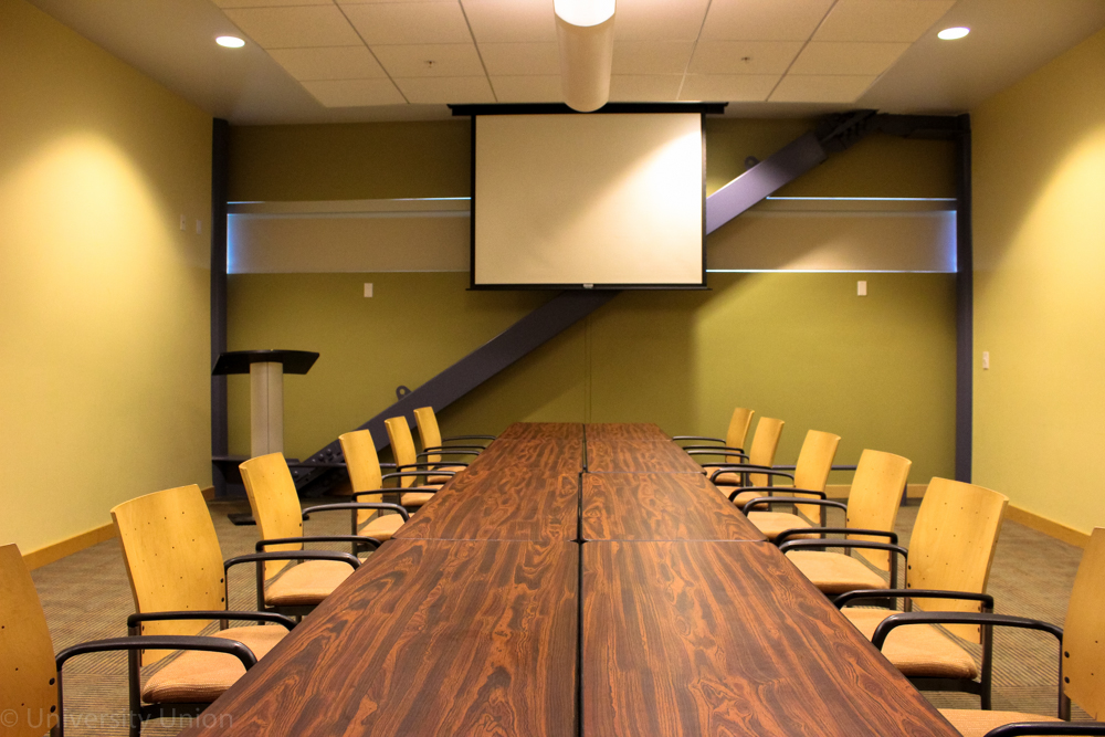 Long Rectangle Table with Chairs on Outside with Projector Screen in Front