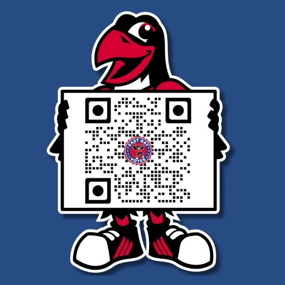 Graphic of Perry holding a sign with a QR code for the official voter registration website