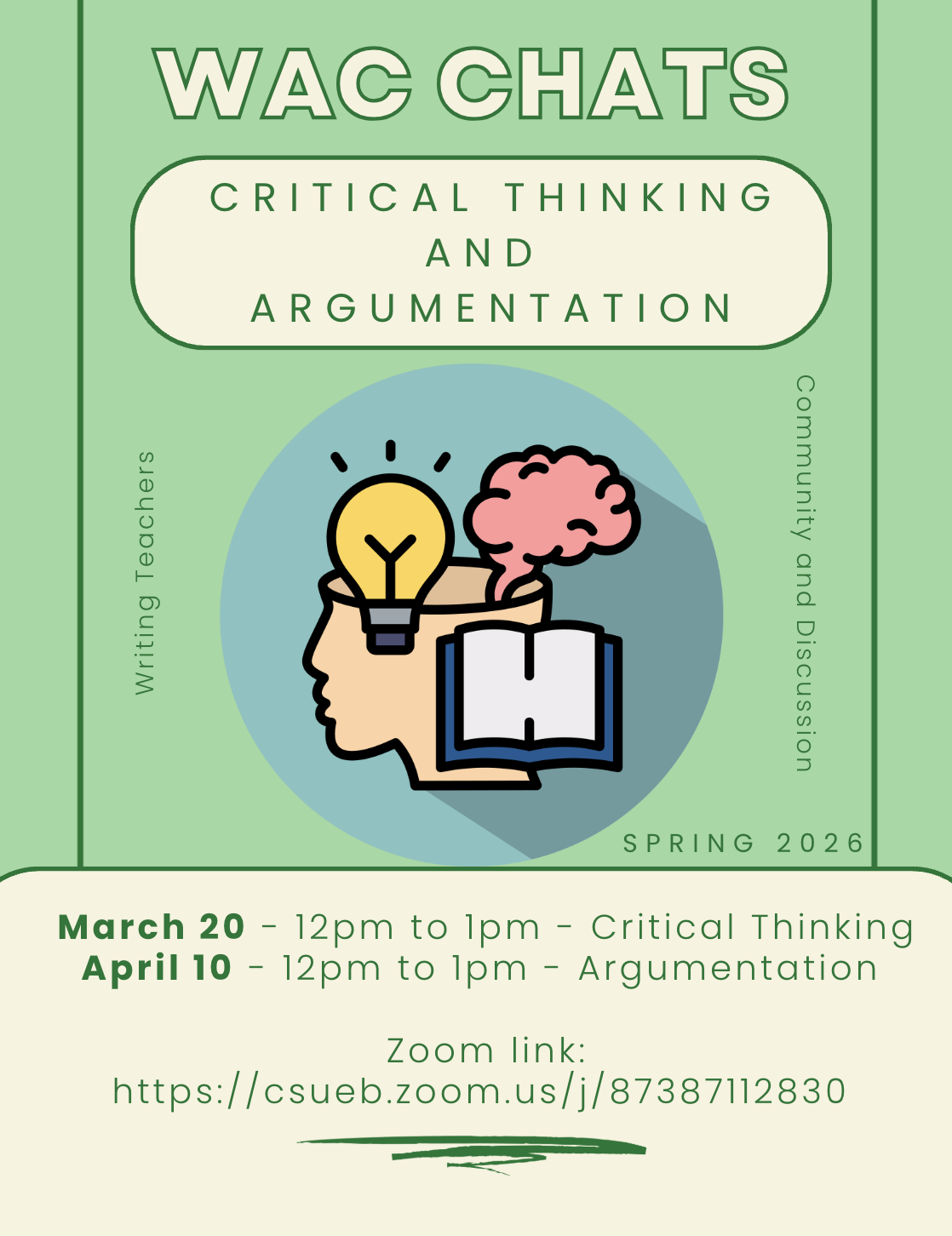 Green and white flyer for upcoming WAC Chats: Text reads: Upcoming: March 20 | 12:00–1:00 PM Critical Thinking in Writing Assignments April 10 | 12:00–1:00 PM Teaching Argumentation Across the Disciplines Zoom: https://csueb.zoom.us/j/87387112830
