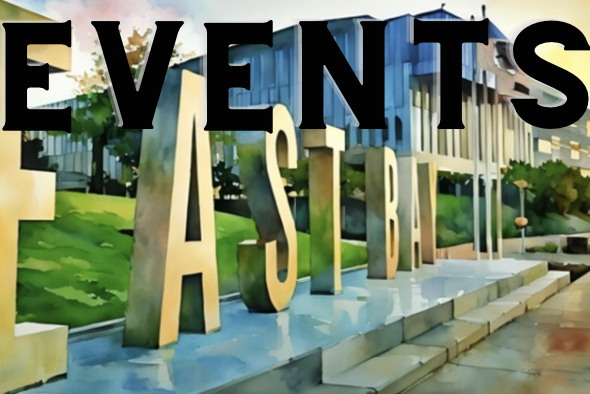 Image of the East Bay Statue in front of the union with the word "Events" superimposed on top